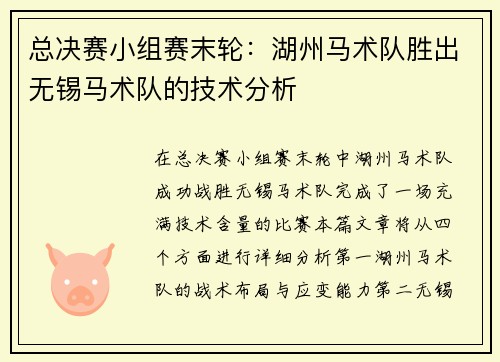 总决赛小组赛末轮：湖州马术队胜出无锡马术队的技术分析